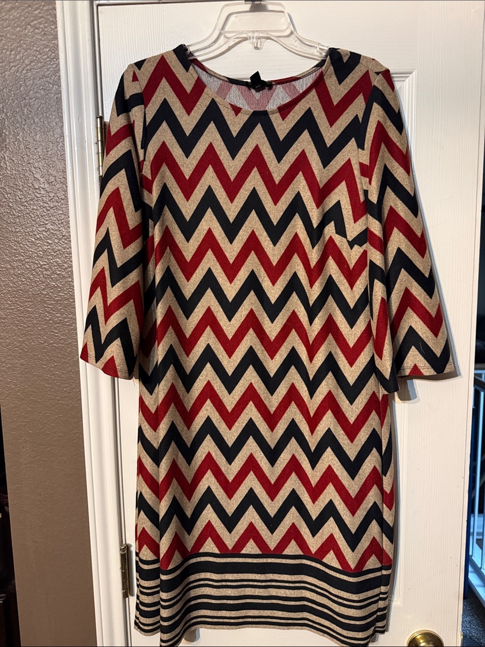 Tacera Chevron Midi Dress in Red, Black & Tan